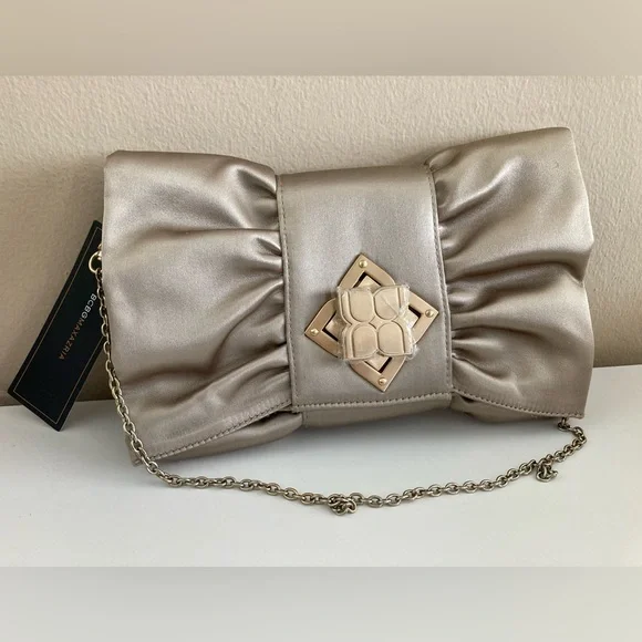 NWT BCBGMaxazria BCBG Satin Bow Clutch Purse Handbag Bag Gravel White Gold Y2K - Picture 3 of 9